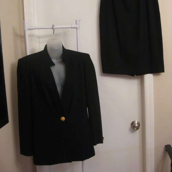 Vintage Black Christian Dior Blazer Jacket Pencil Skirt Suit Set